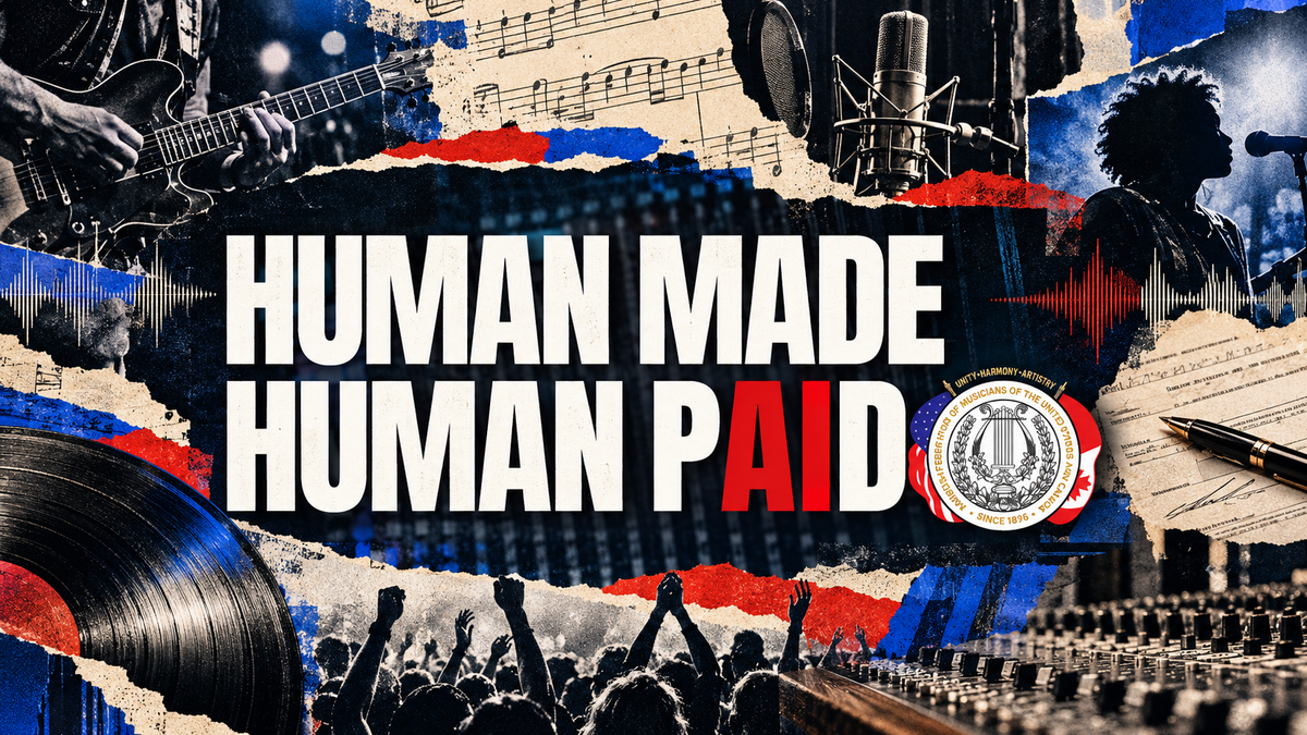 Human Made, Human Paid campaign graphic and AFM seal centered in an editorial collage of musicians and recording contracts