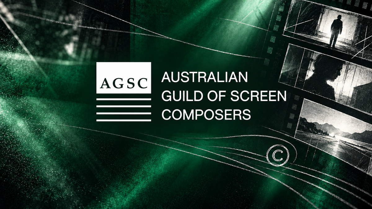 Australian Guild of Screen Composers logo with film frames and a copyright symbol against an emerald and silver textured background