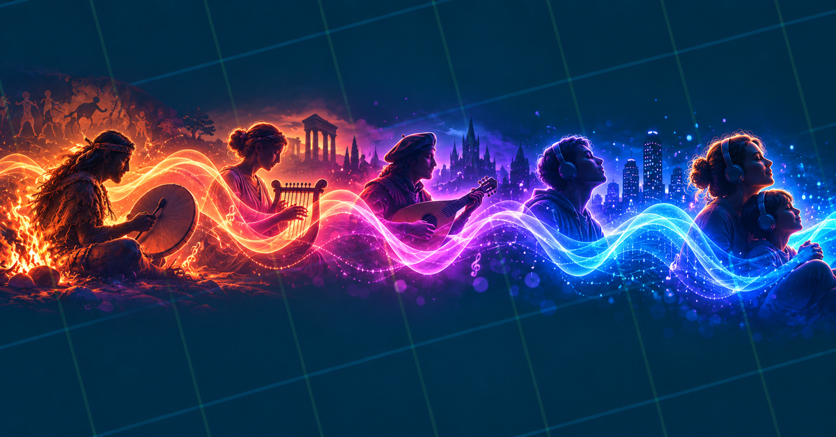 A Musical Thread Across Generations: musicians and listeners across eras connected by a luminous sound wave