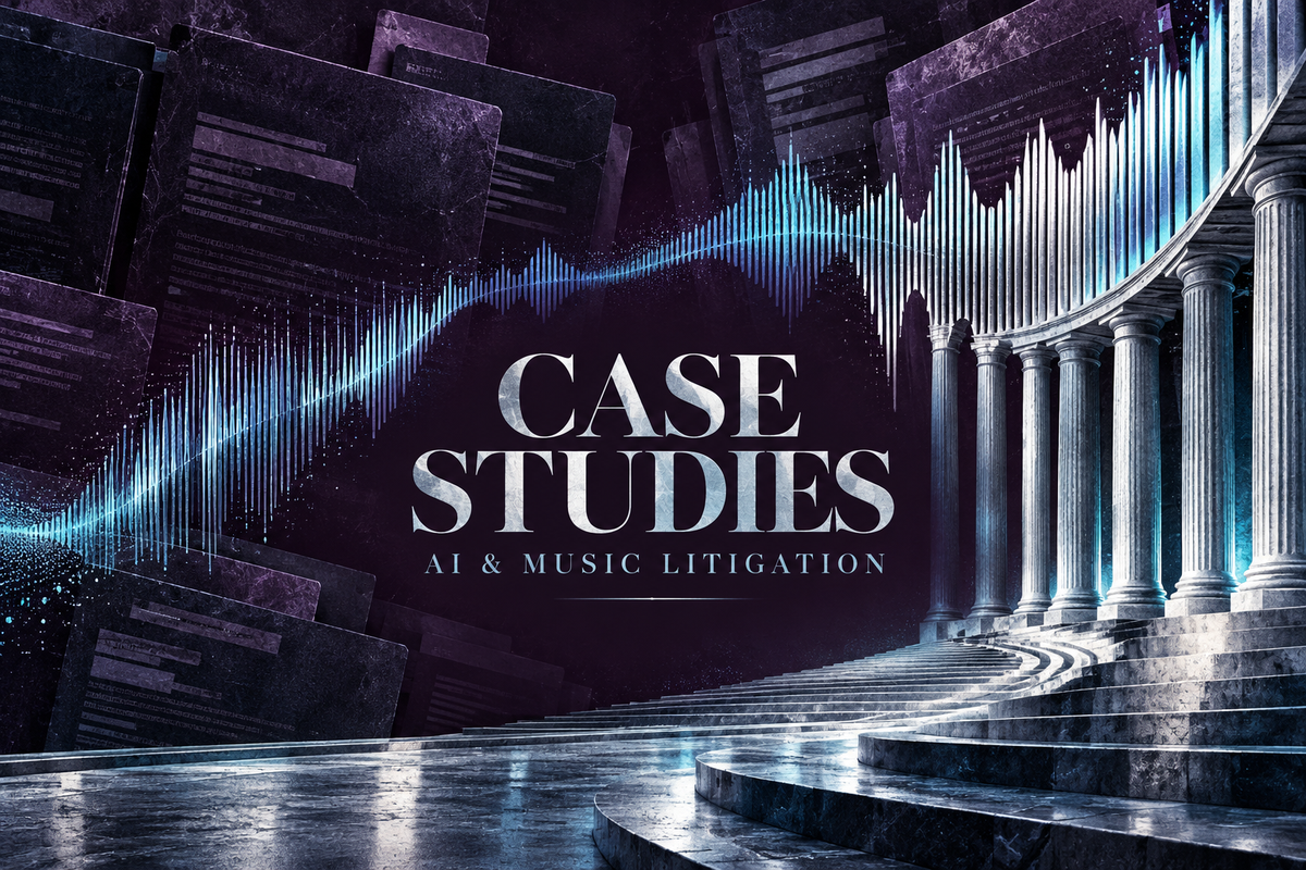 Case Studies: AI and Music Litigation lettering with cyan audio waves, silver court columns and plum legal folders