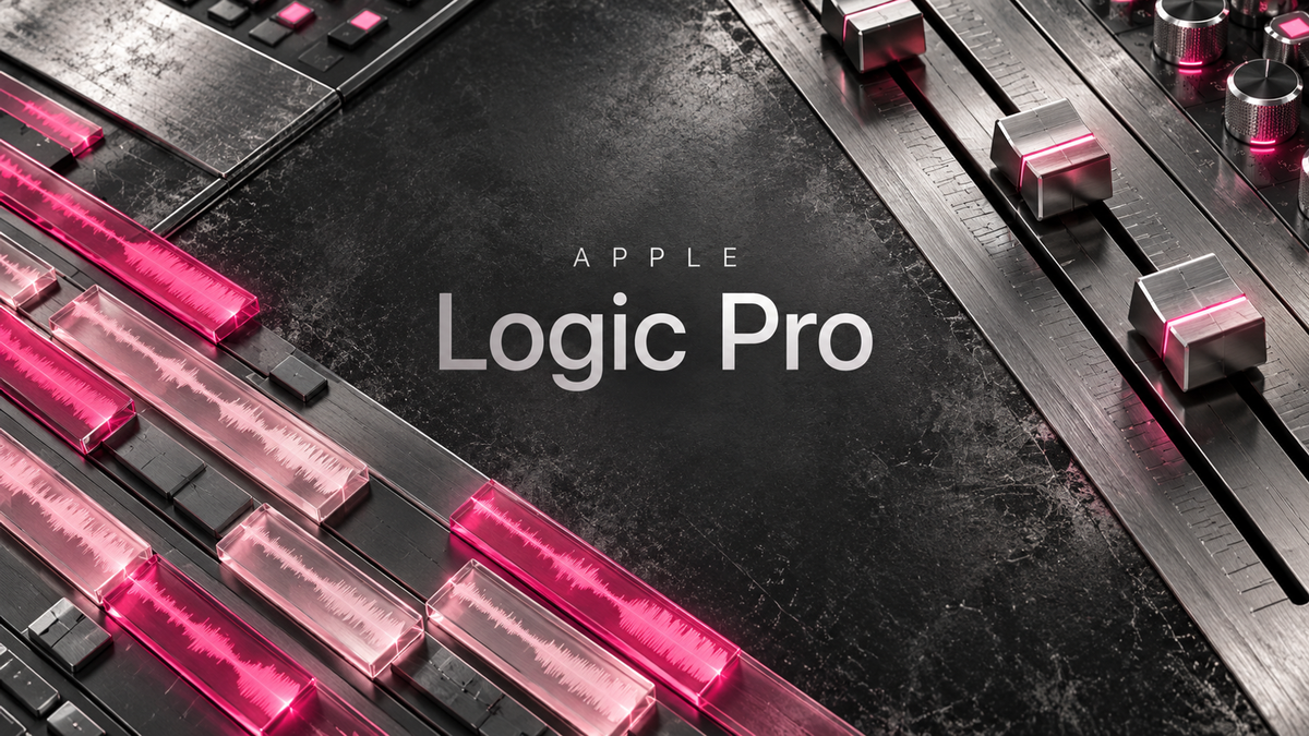 Logic Pro lettering centered over graphite and brushed silver studio faders with rose audio clips