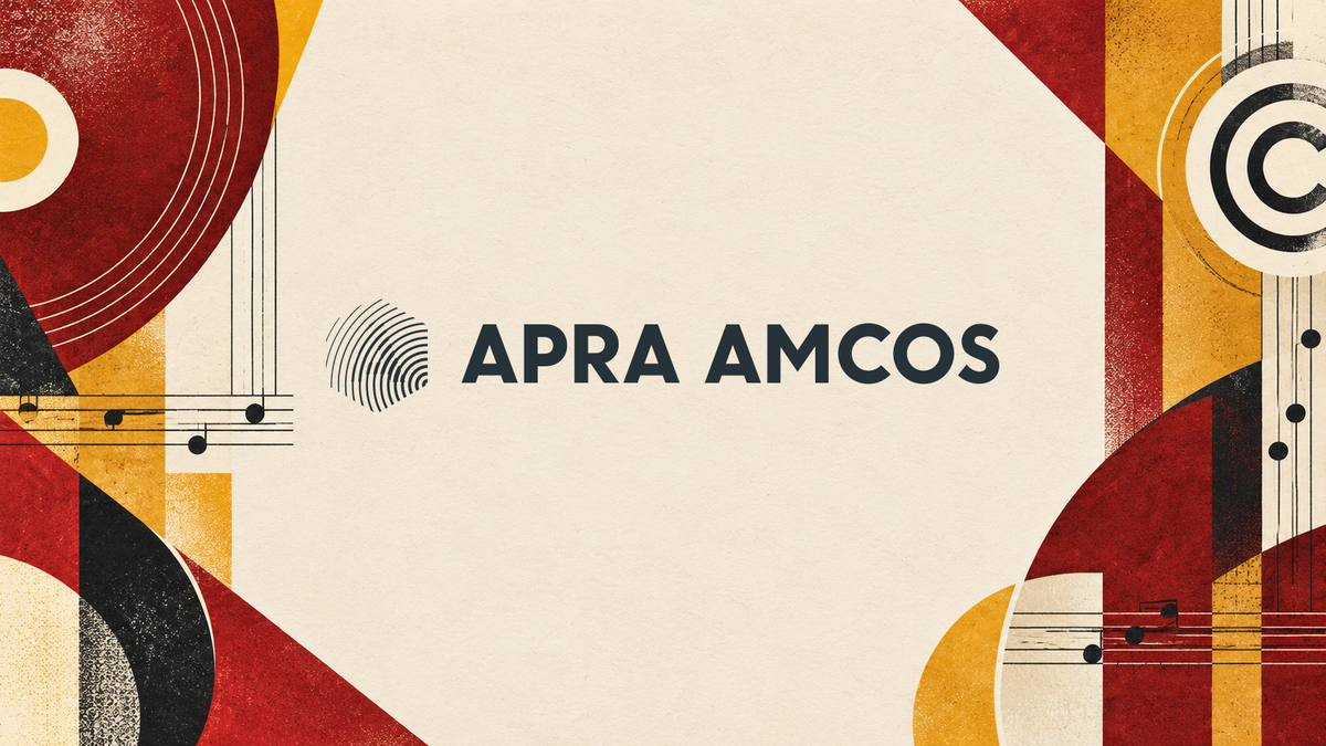 Official APRA AMCOS logo centered in an ivory, oxblood and ochre editorial composition