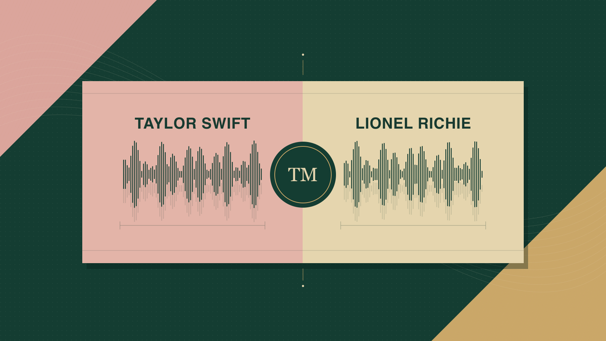 Conceptual editorial illustration naming Taylor Swift and Lionel Richie alongside voiceprints and trademark protection imagery