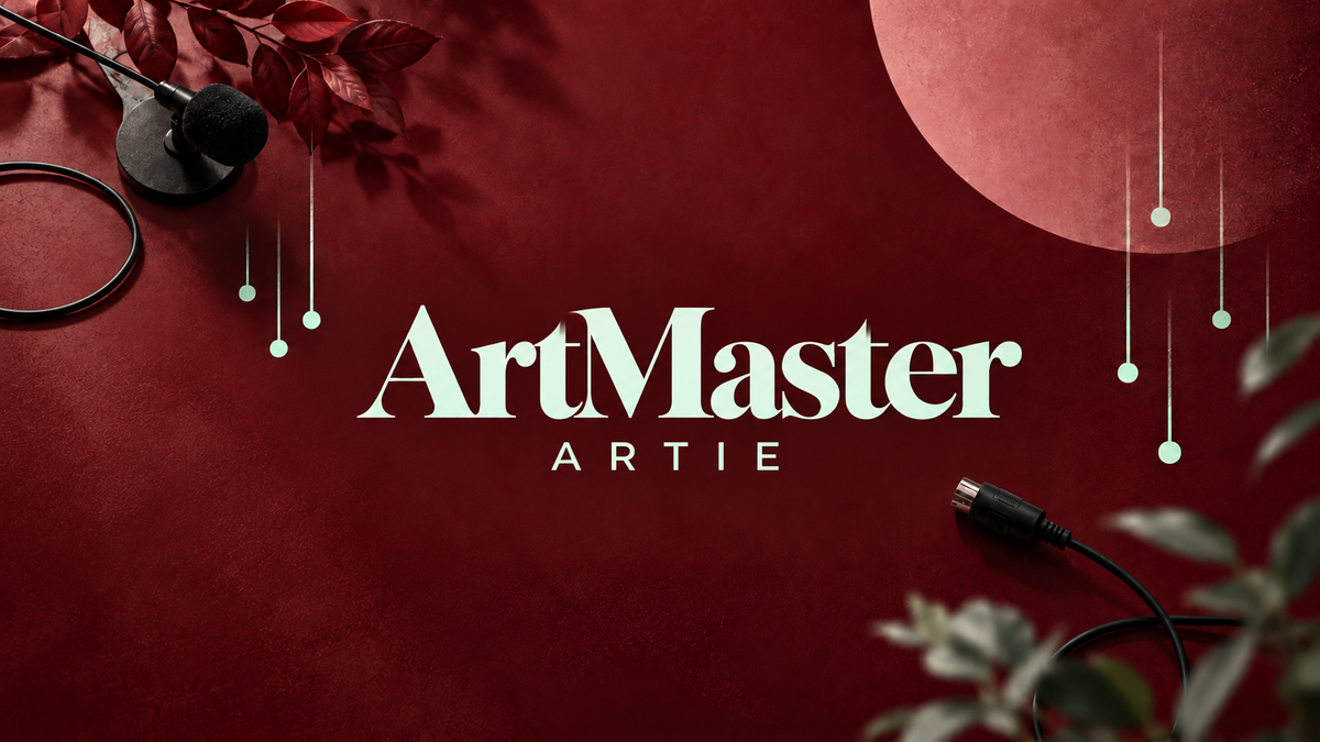 ArtMaster and Artie in pale mint on burgundy with microphone, MIDI cable and foliage