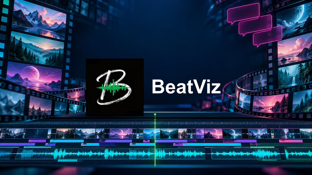 BeatViz logo with video editing and audio timeline graphics