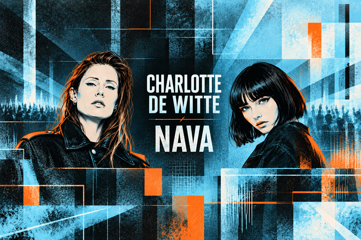 Original cartoon outlines of Charlotte de Witte with long hair and NAVA with a black bob, with centered names in icy cyan and graphite