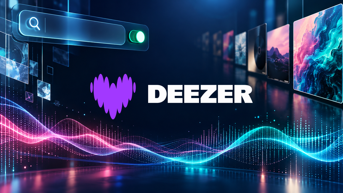 Deezer logo with streaming search and audio graphics