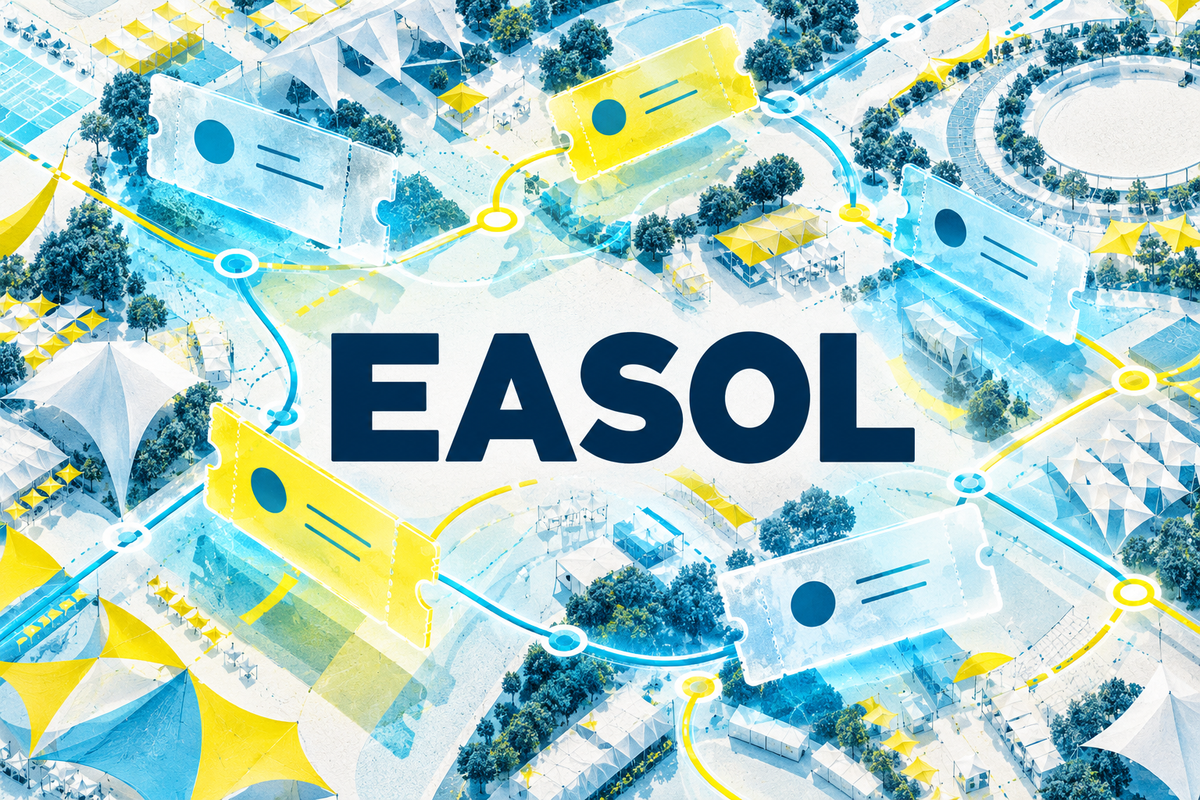 Easol lettering centered over cyan and yellow digital booking modules and abstract festival routes