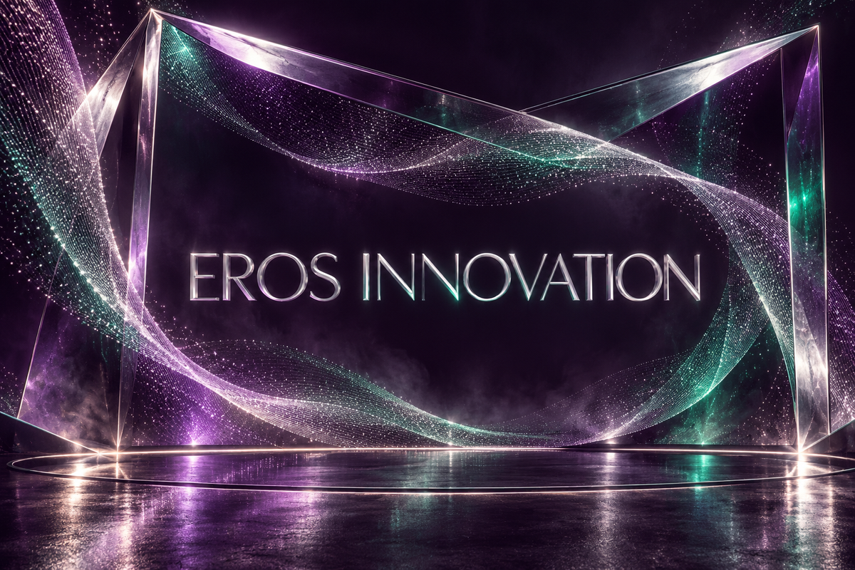Eros Innovation lettering centered in a silver and plum immersive prism with emerald light