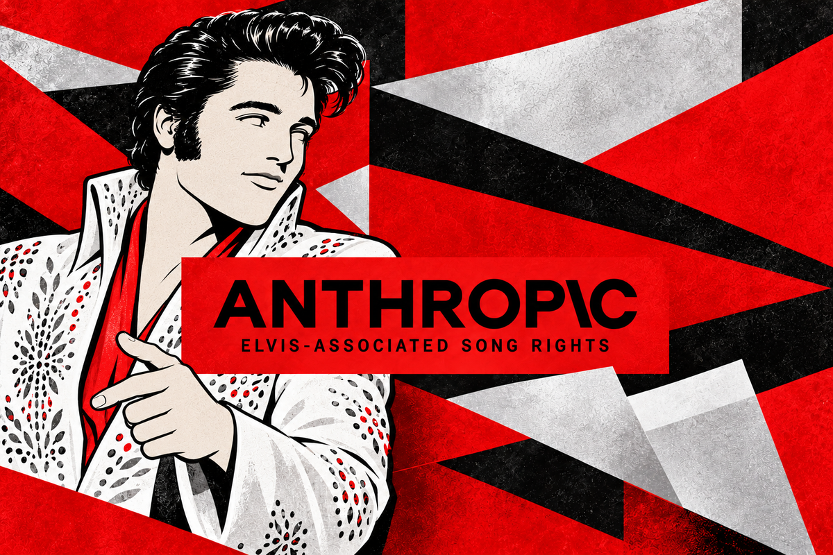 Elvis Presley with simplified outline facial features beside Anthropic and Elvis-associated song rights lettering in red, silver and black