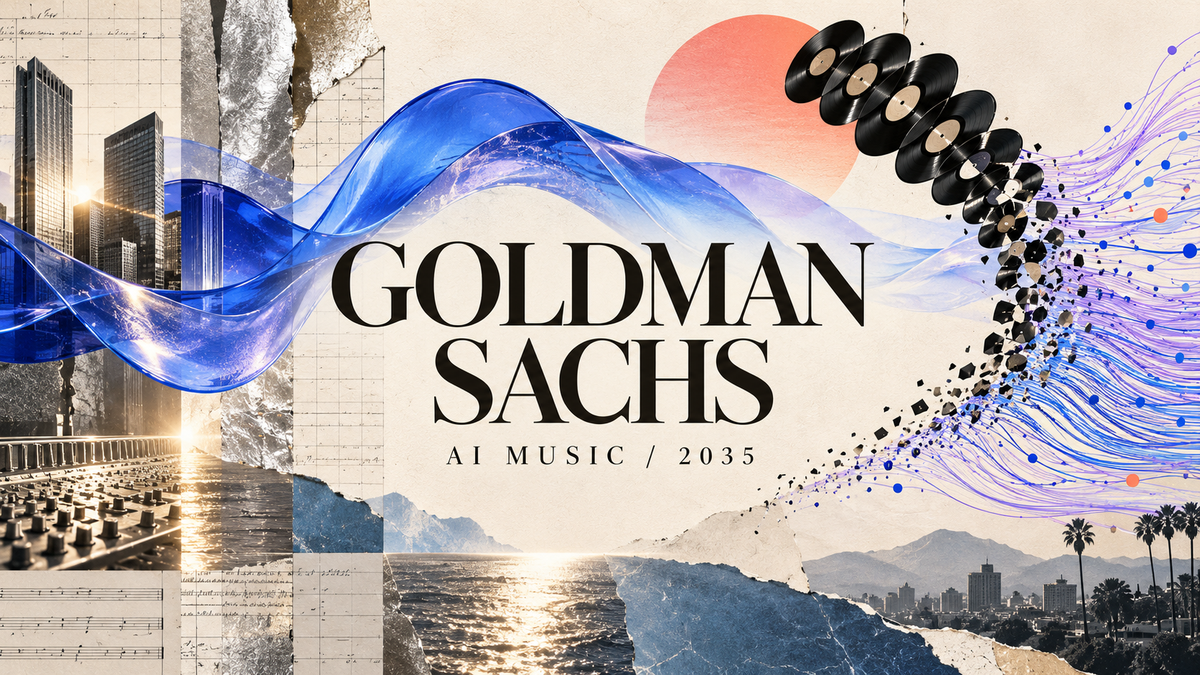 Goldman Sachs Forecasts $3.3 Billion in AI Music Revenue by 2035, Warns of Royalty Dilution — original editorial illustration