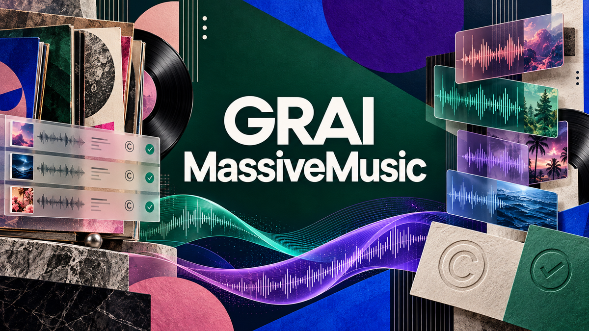 GRAI and MassiveMusic editorial lettering centered amid licensed music catalog and audio dataset imagery