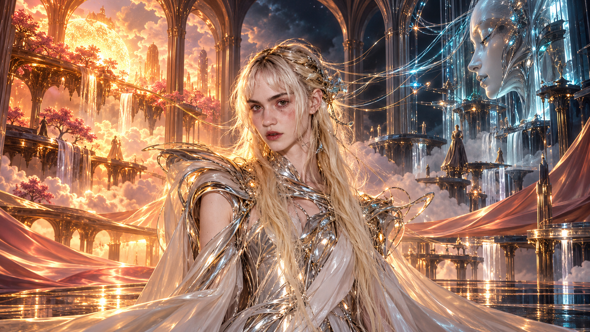 Original editorial illustration of Grimes in a futuristic opera landscape