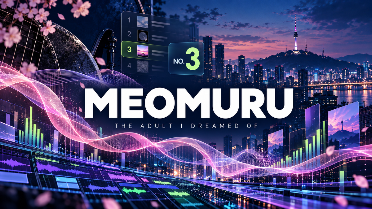 MEOMURU text centered over Seoul, synthetic vocal waveforms and a No. 3 streaming-chart motif