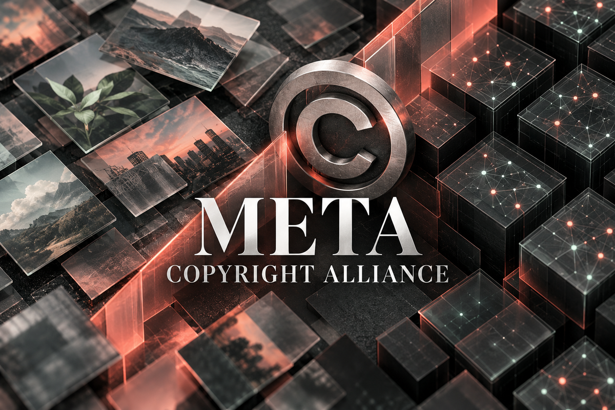 Meta and Copyright Alliance lettering over graphite and coral website-content tiles separated by a copyright permission boundary