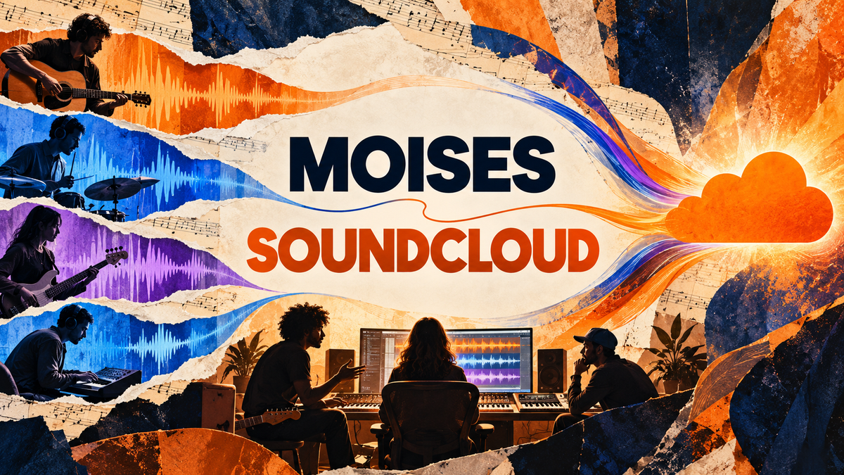 Moises and SoundCloud editorial lettering with separated audio tracks flowing into a publishing stage