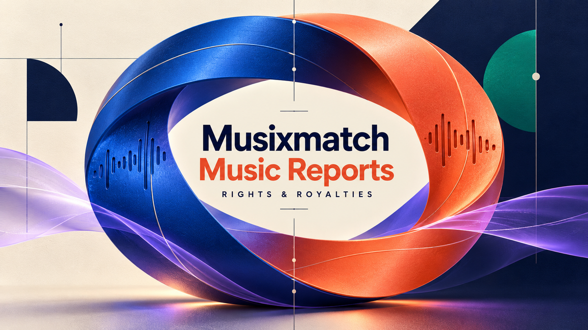 Musixmatch and Music Reports centered within interlocking cobalt and coral forms with violet audio ribbons