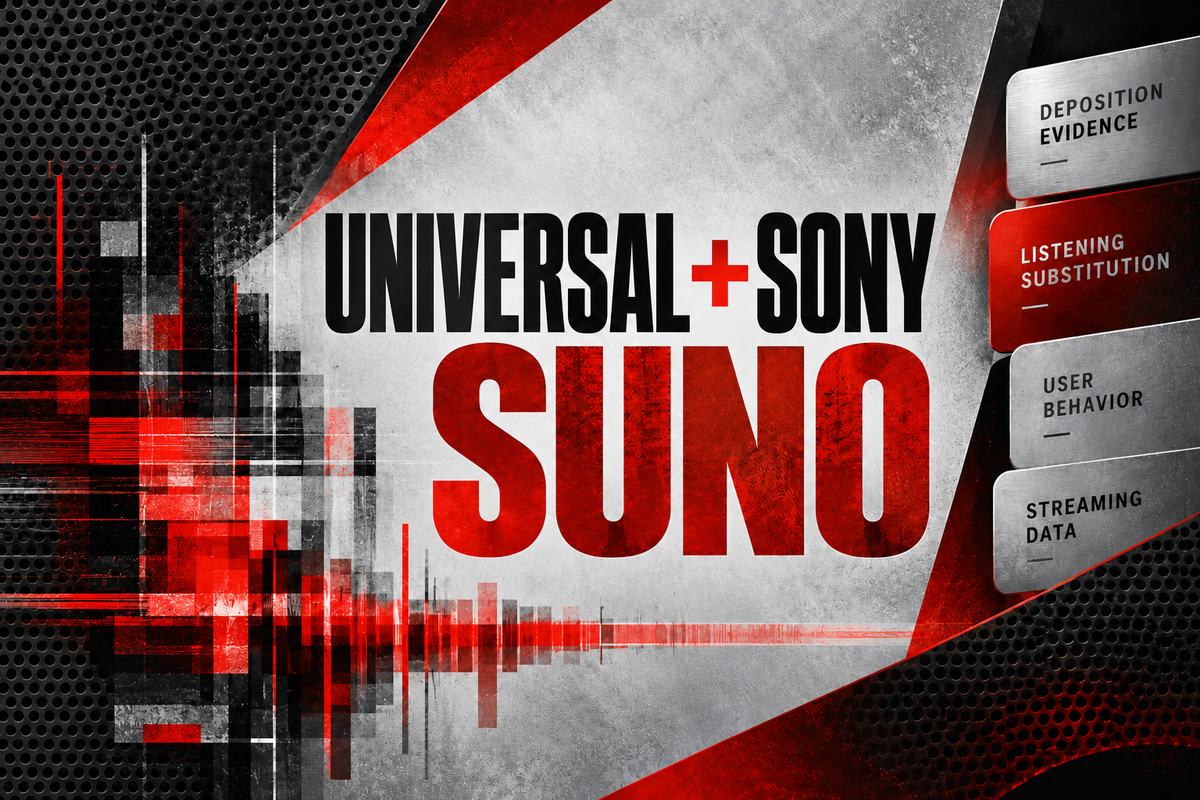 Universal and Sony above Suno in silver and vermilion editorial artwork about listening evidence