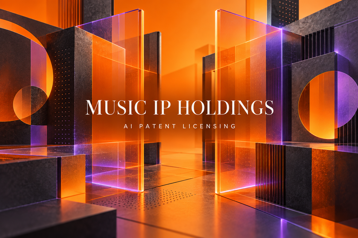 Music IP Holdings typography amid orange and lilac geometric licensing gates