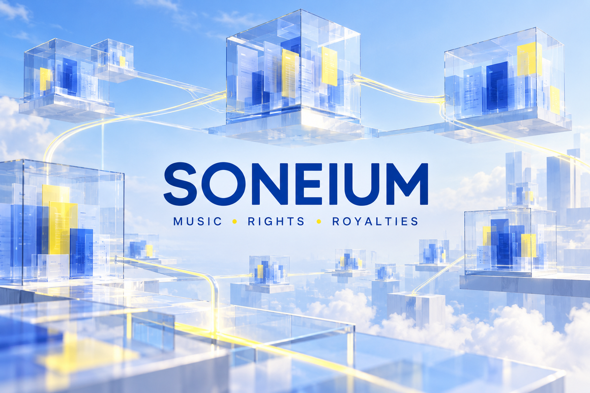 Soneium lettering with powder-blue transparent blocks and connected royalty paths