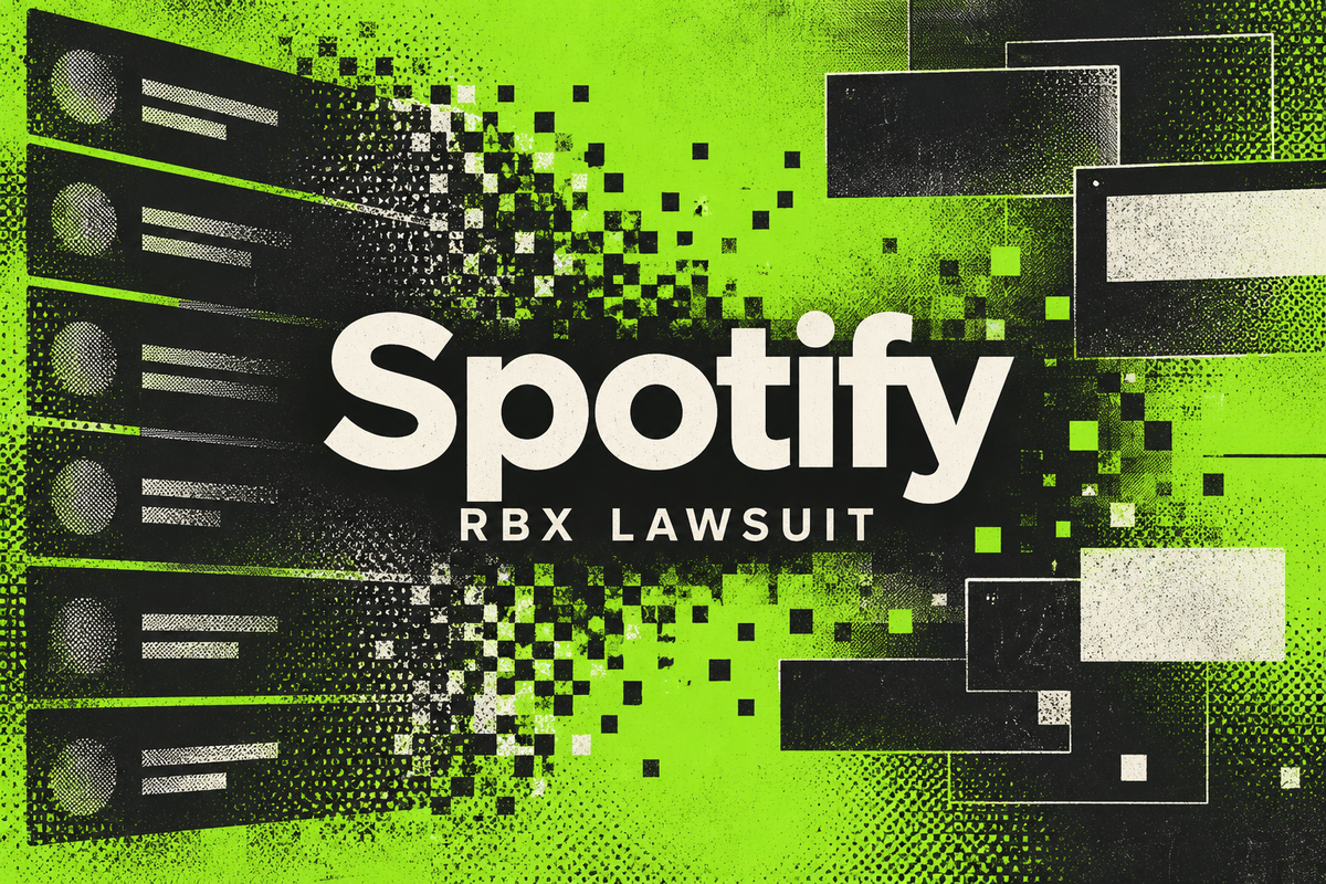 Spotify and RBX lawsuit text on acid-green and charcoal streaming-data artwork
