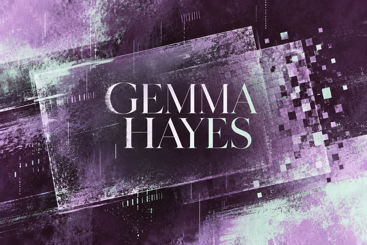 Gemma Hayes lettering over lilac and mint identity labels fragmenting into small tiles