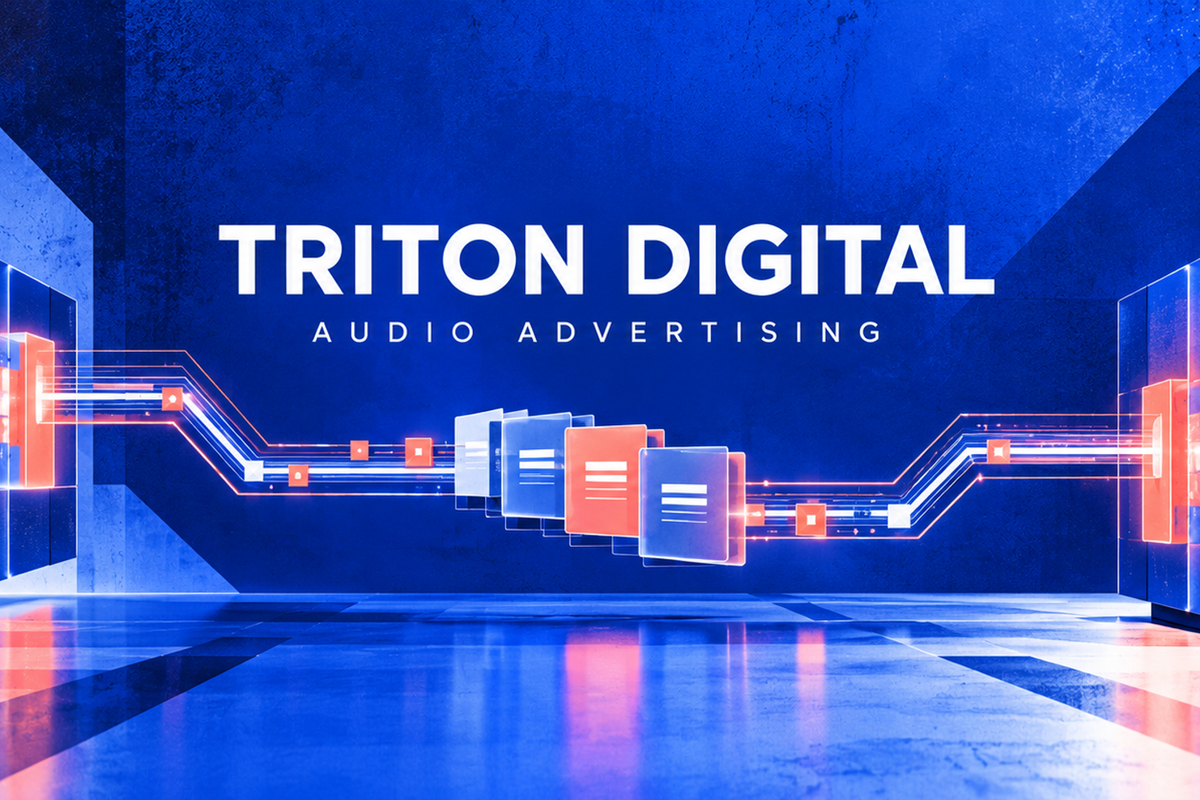 Triton Digital lettering with cobalt and coral rectangular signal modules linked by an advertising relay