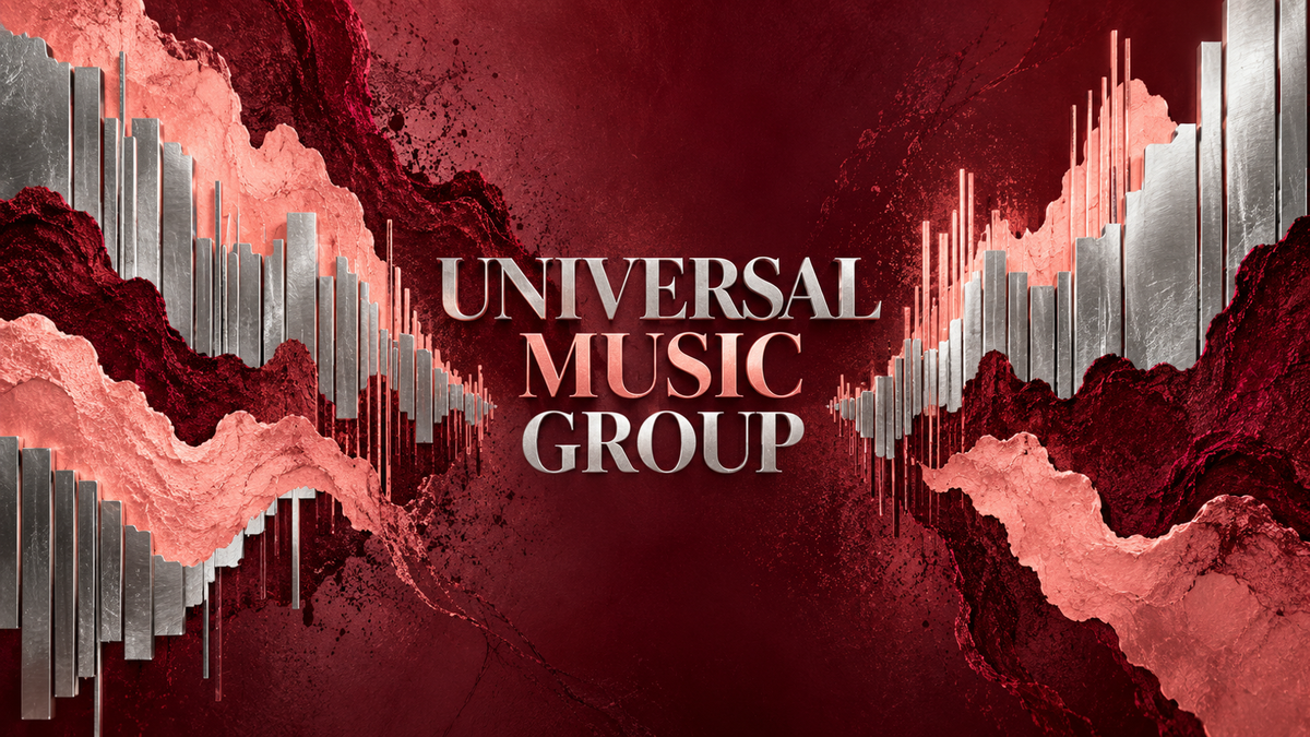 Universal Music Group lettering between oxblood and salmon sound-spectrum bands with brushed-silver edges
