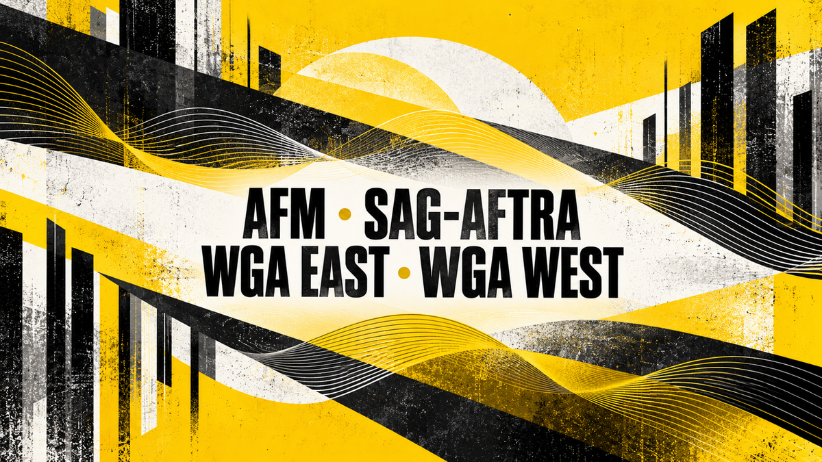 AFM, SAG-AFTRA, WGA East and WGA West lettering on a yellow, white and charcoal acoustic poster