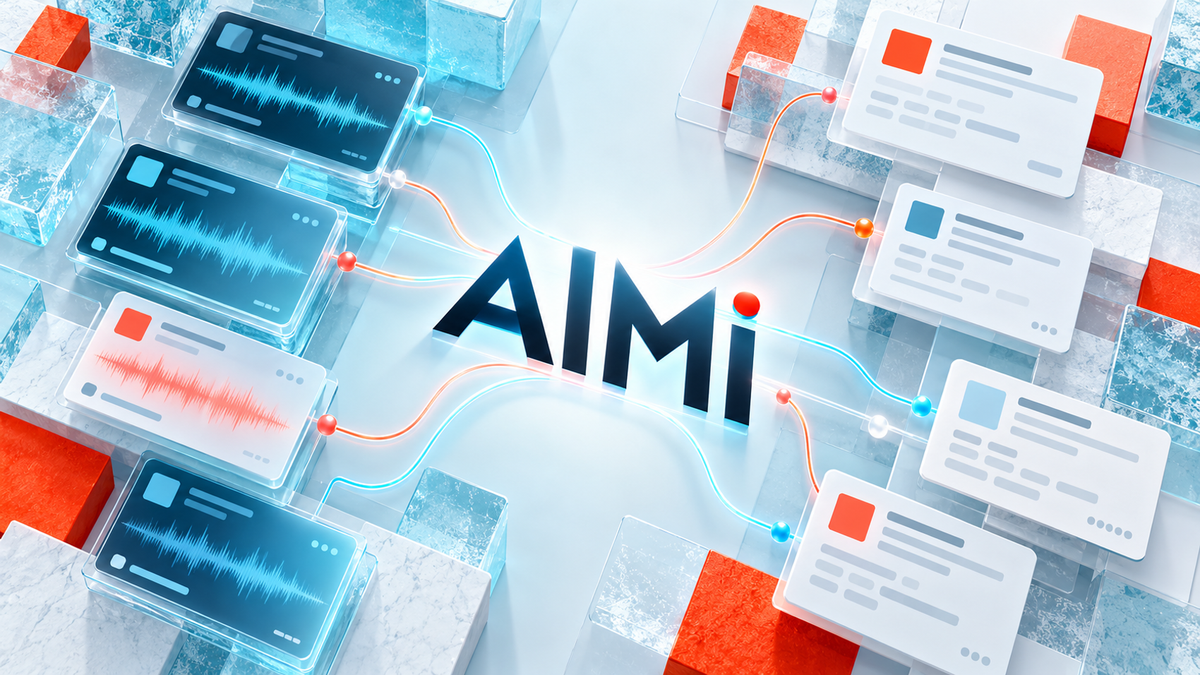 AIMi lettering between cyan recording-data cards and white composition-data cards linked by contrasting paths