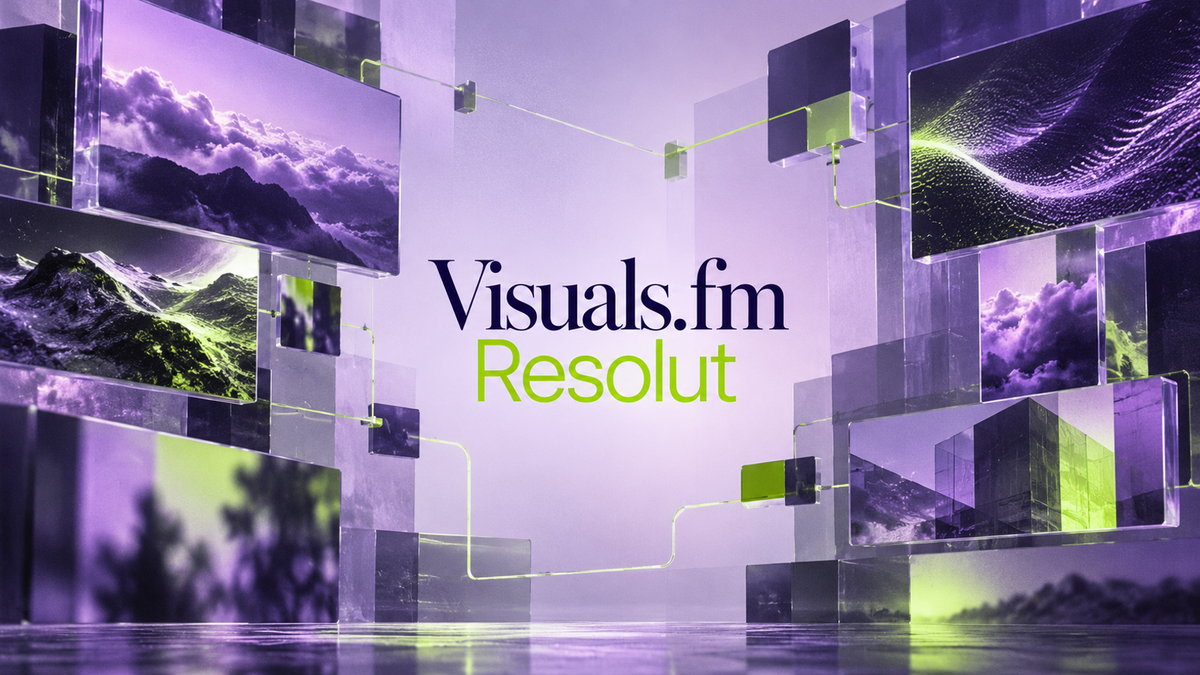 Visuals.fm and Resolut lettering among lilac video panels and acid-green royalty-routing lines