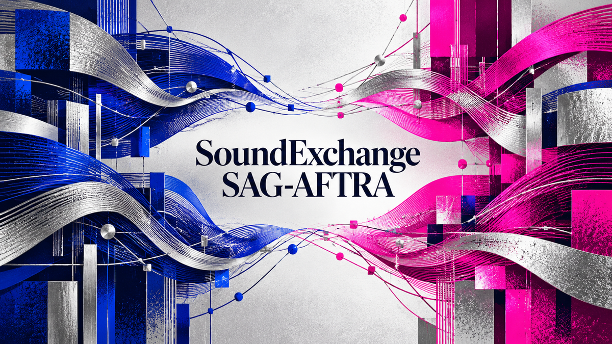 SoundExchange and SAG-AFTRA lettering between cobalt and fuchsia signal networks with silver textures