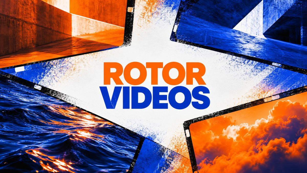 Rotor Videos lettering framed by tangerine and ultramarine video windows of clouds and water