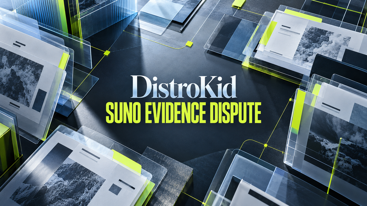 DistroKid and Suno Evidence Dispute lettering surrounded by steel-blue evidence folders and chartreuse routing lines