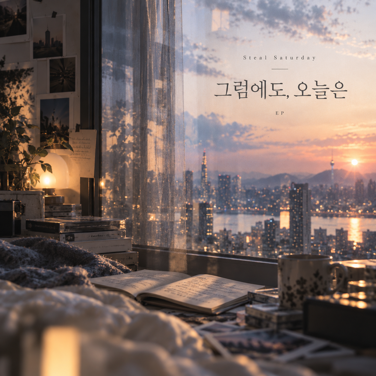 Steal Saturday’s Even So, Today artwork showing a bedroom overlooking a city at sunset.