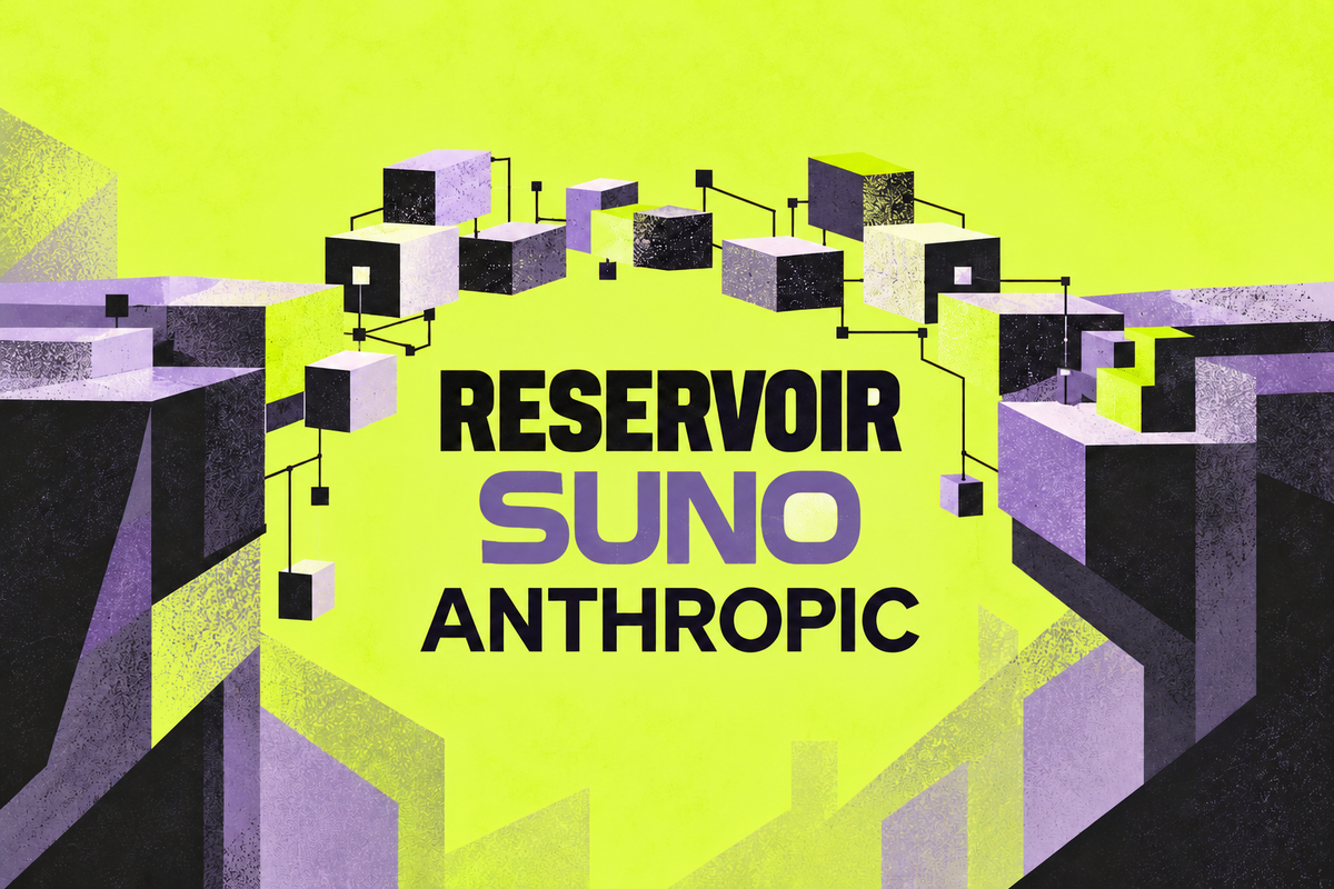 Reservoir, Suno and Anthropic lettering surrounded by angular connected data blocks in chartreuse, charcoal and lavender