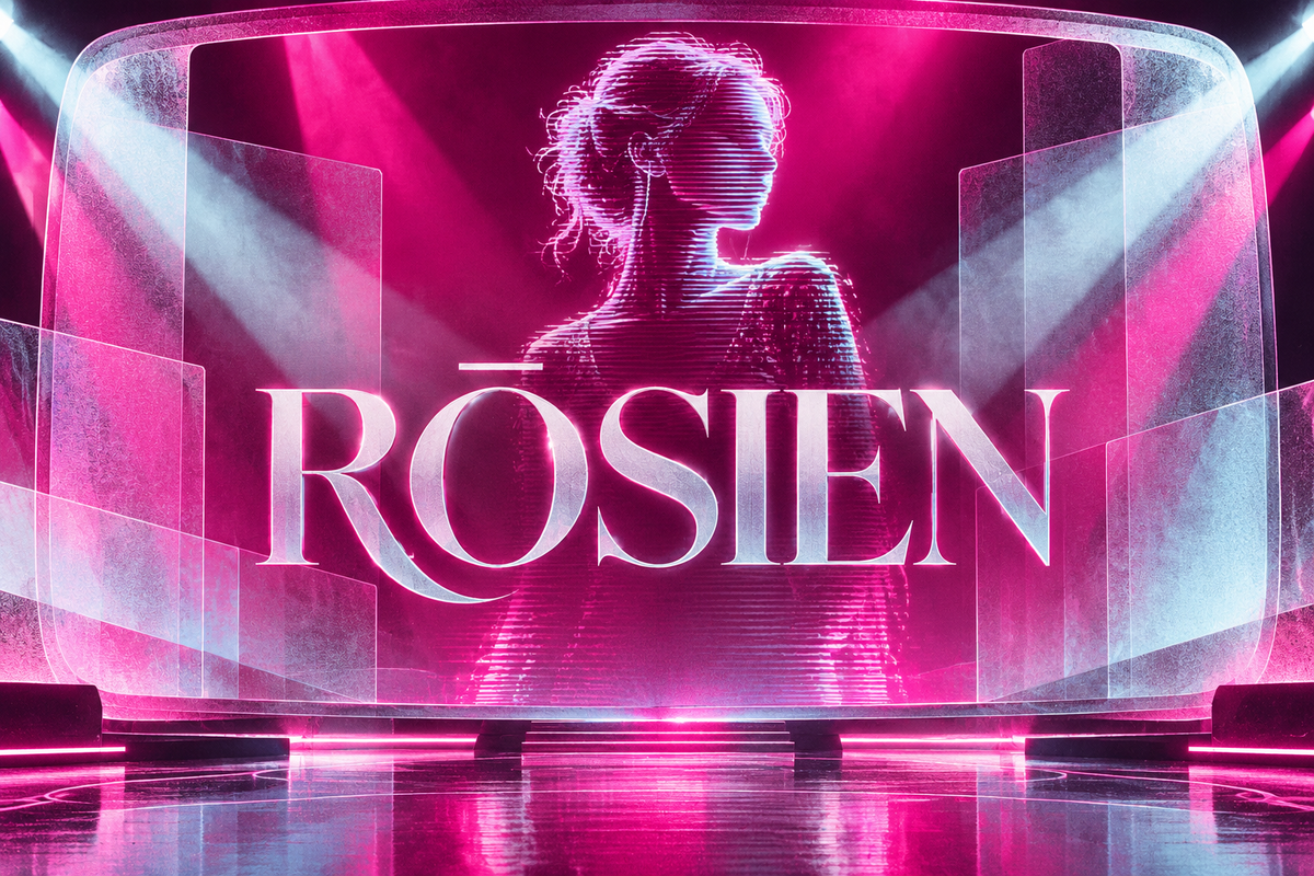RŌSIEN editorial lettering over an illustrated virtual singer and television broadcast frame in fuchsia and icy cyan