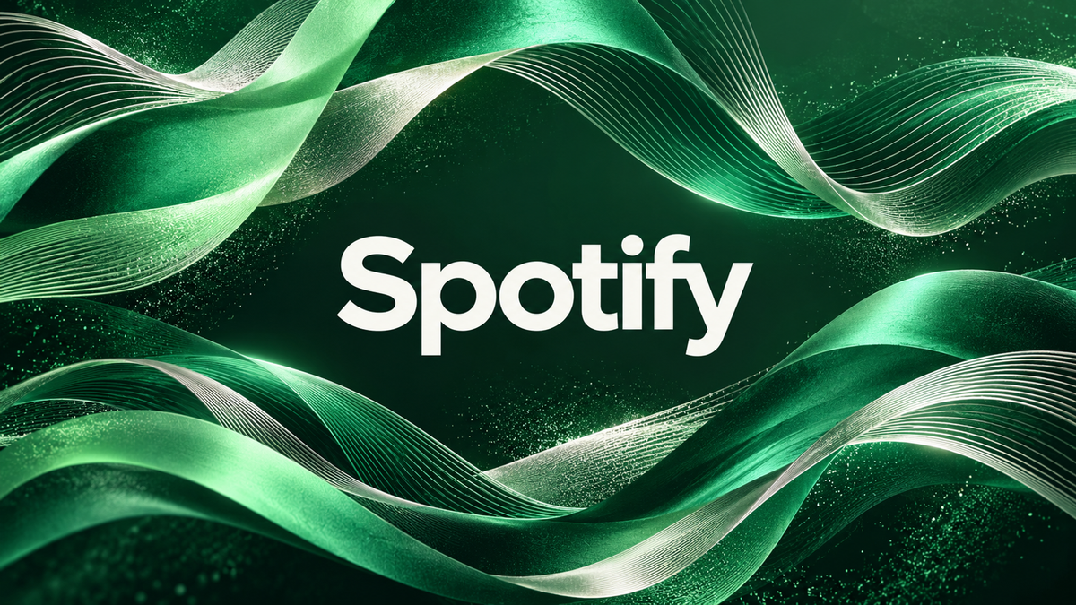 Spotify lettering centered between flowing emerald, mint and silver audio ribbons on a deep forest-green background