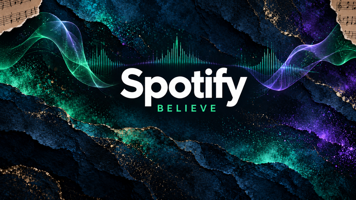 Spotify and Believe centered on layered midnight-blue textures with luminous green and violet waveforms