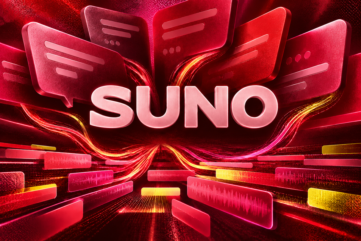 Suno lettering surrounded by raspberry conversation panels and abstract audio signals