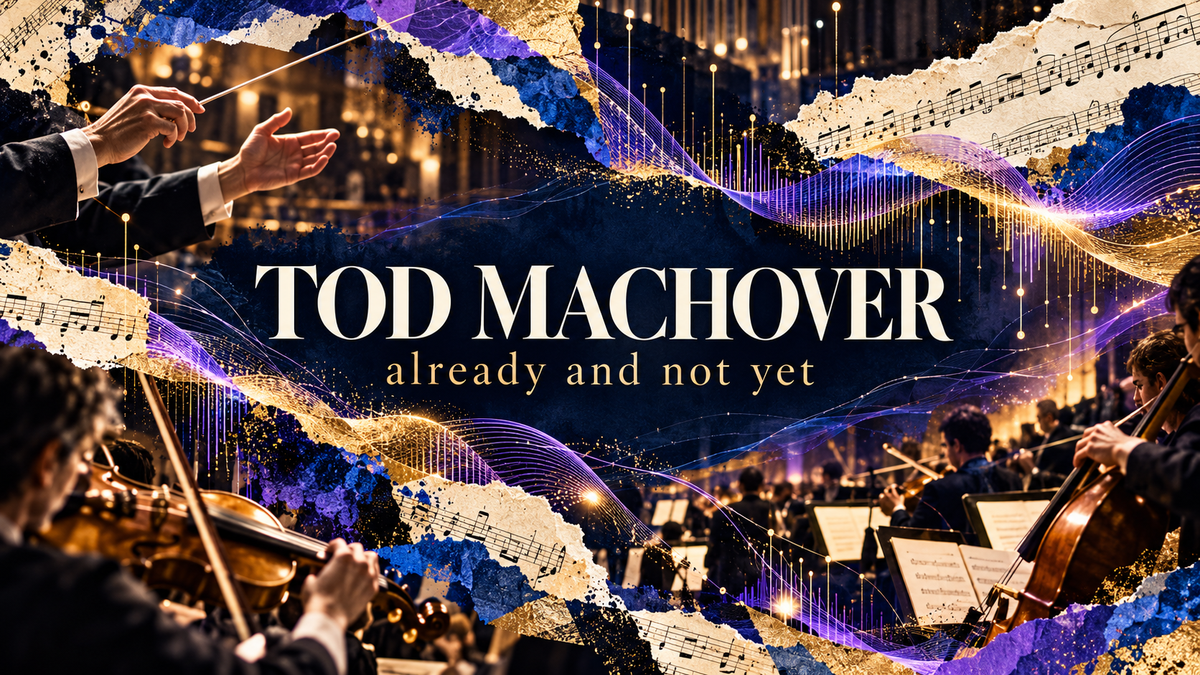 Tod Machover editorial lettering with orchestral instruments, conductor hands and responsive sonic ribbons