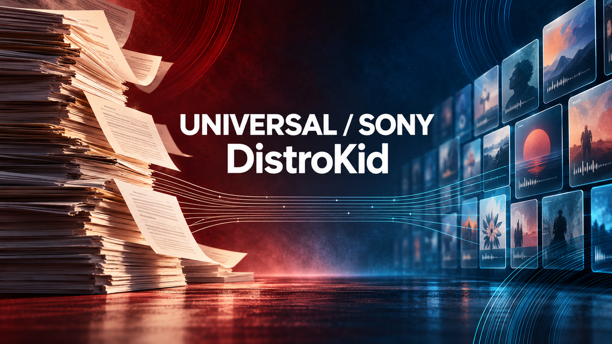 Universal, Sony and DistroKid editorial lettering with documents and music catalog tiles