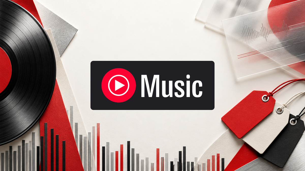 Official YouTube Music logo with record grooves and classification tags in a red, white and charcoal editorial graphic